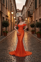 Orange Off The Shoulder Strapless Sleeveless Prom Dress With Sequins Mermaid