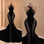 Abito lungo da sera nero sirena con strascico, elegante vestito da sera nero Y4178