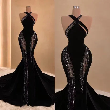 Sexy schwarzes Meerjungfrauen-Abendkleid mit Schleppe, schickes schwarzes Ballkleid Y4178