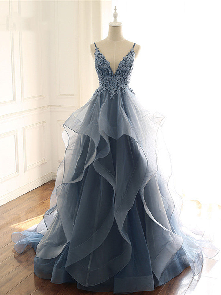 BMbridal Chic Tulle Spaghetti Straps V Neck Prom Dresses with Appliques Online