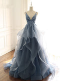 BMbridal Chic Tulle Spaghetti Straps V Neck Prom Dresses with Appliques Online
