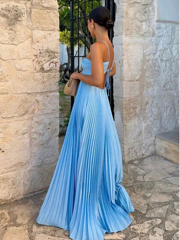 Vestido longo azul sexy com alças finas em alça halter, corte em linha A, para baile, sem costas, vestido de noite Y8090