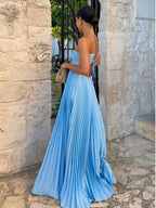 Vestido longo azul sexy com alças finas em alça halter, corte em linha A, para baile, sem costas, vestido de noite Y8090