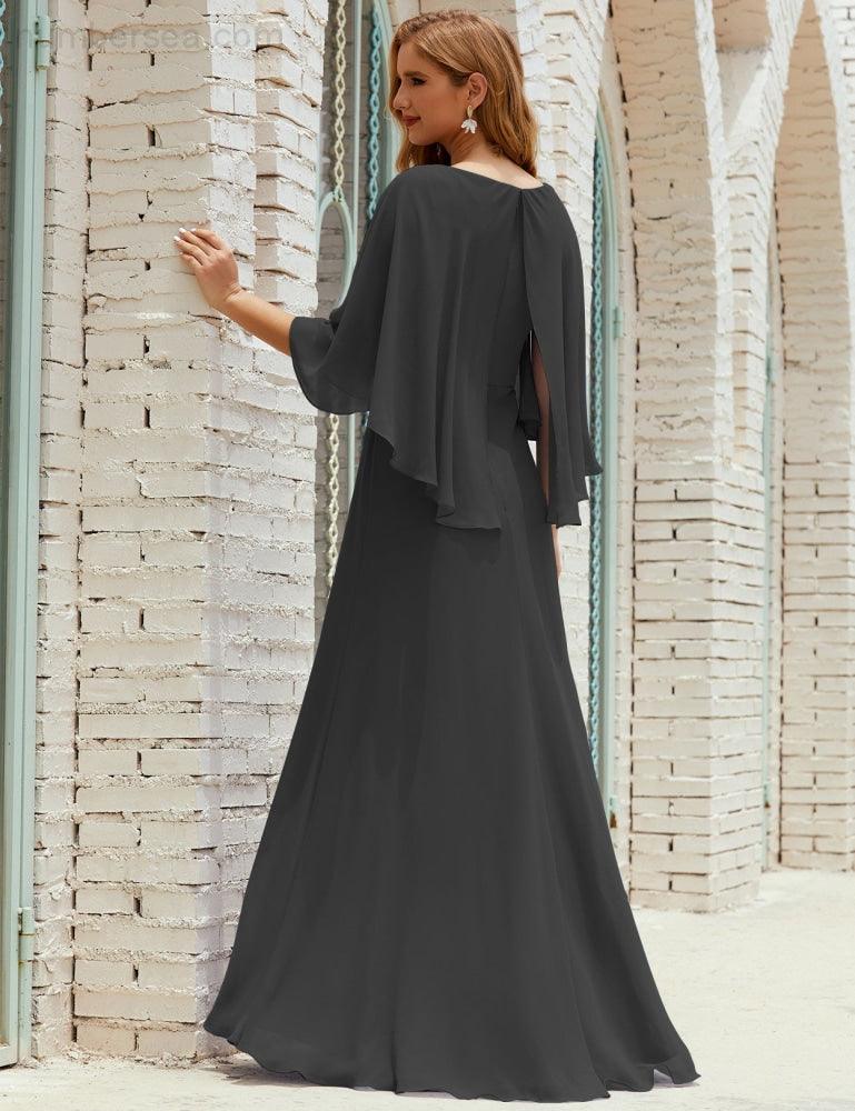 Abito da Damigella Donna Manica Lunga Scollatura a V Chiffon Abito da Cerimonia Matrimonio Festa 28018