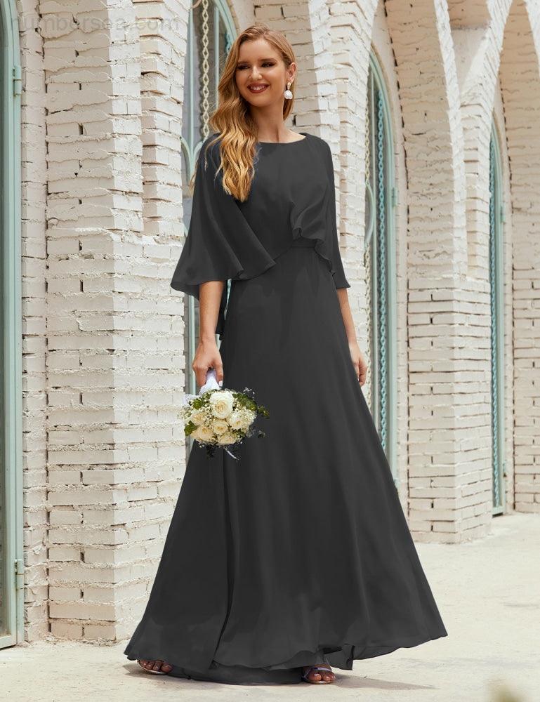 Abito da Damigella Donna Manica Lunga Scollatura a V Chiffon Abito da Cerimonia Matrimonio Festa 28018