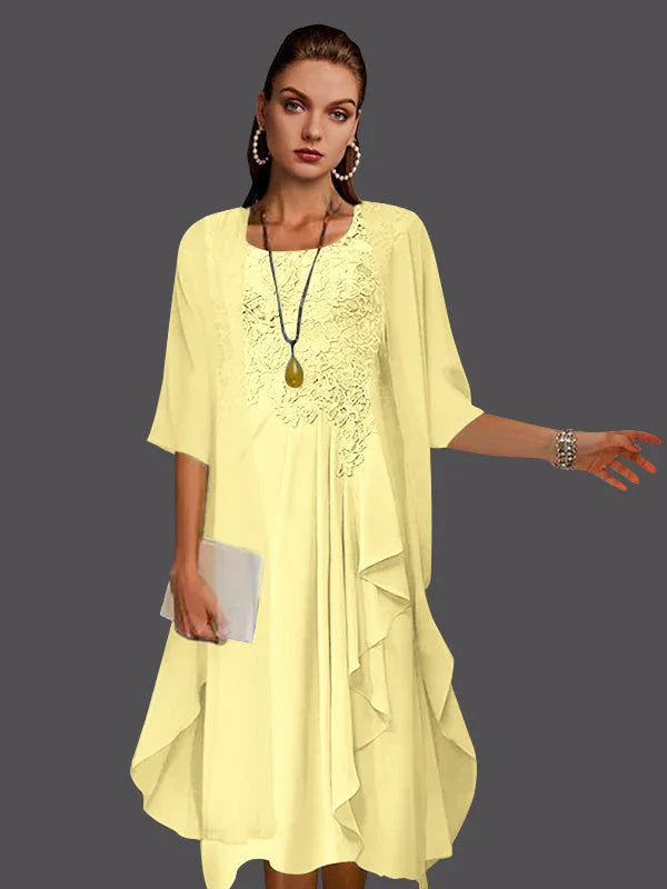 Vestidos de dos piezas con chaqueta sin mangas de encaje de gasa en línea A con pliegues y apliques