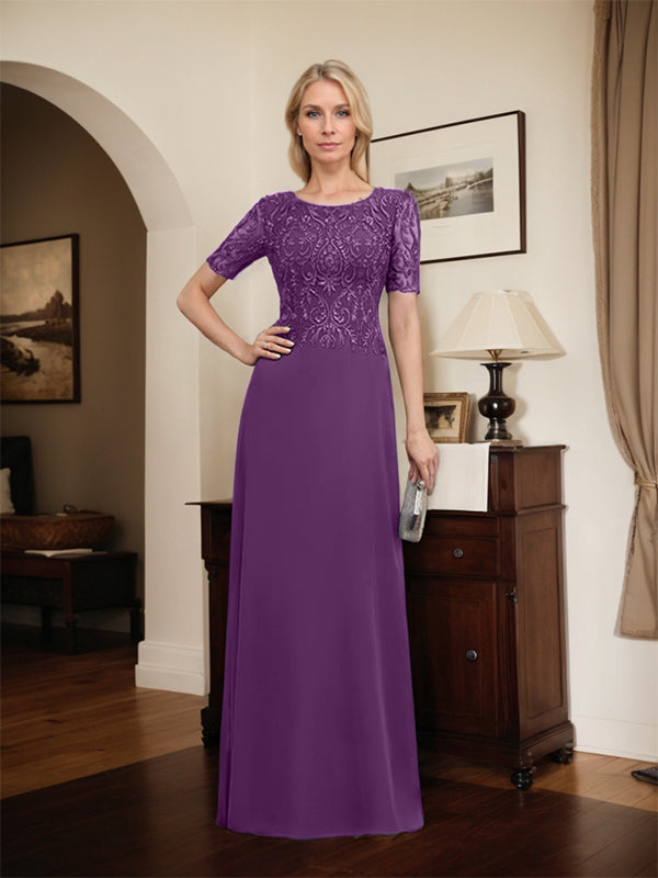 Robe de mère de la mariée en dentelle et mousseline, longueur au sol, en ligne A, décolleté en U, ornée de paillettes