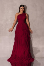 Chic One Shoulder Sleeveless Long Prom Dress With Tulle Ruffle