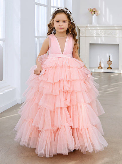 Ball-Gown/Princess Pearl Pink Sleeveless Tulle Bow Flower Girl Dress