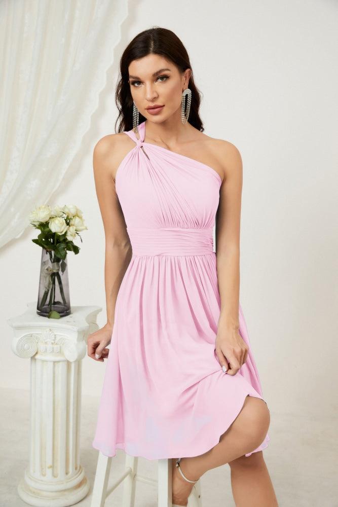Vestido de Noiva de Ombro Único em Chiffon Curto para Damas de Honra, Vestidos Formais para Festas e Baile de Finalistas 2804