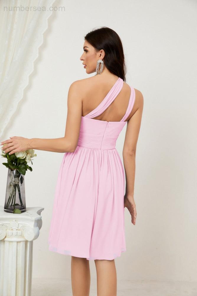 Numbersea Damen Chiffon Kurzes Ein-Schulter Brautjungfernkleid Festliche Kleider für Feier Heimkehr 2804