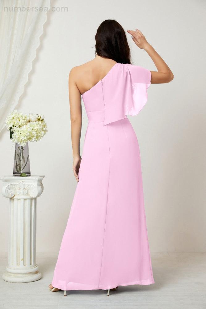 Abito da Sera Formale A-line con Spalla Singola e Balze in Chiffon, Spacco Laterale, per Damigelle, Modello 2809