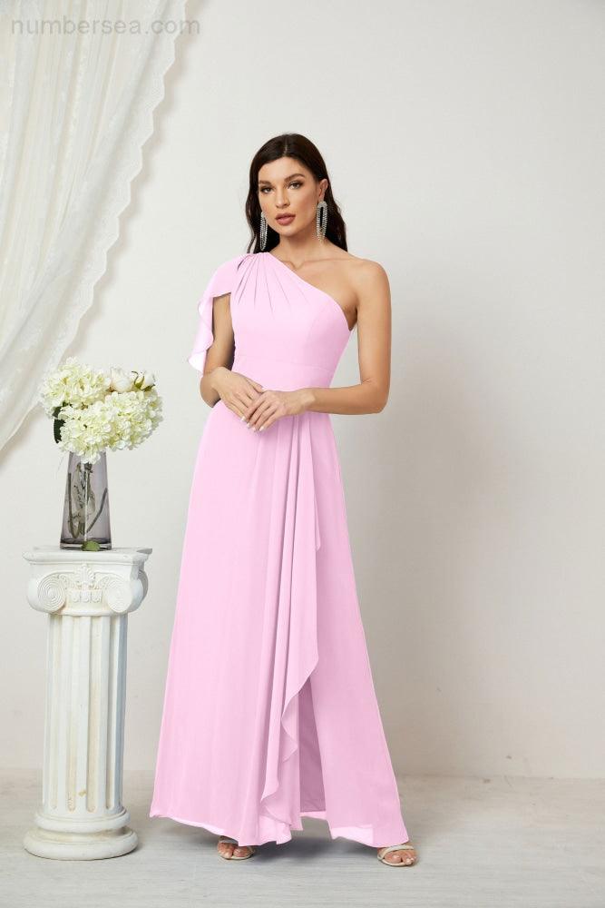 Abito da Sera Formale A-line con Spalla Singola e Balze in Chiffon, Spacco Laterale, per Damigelle, Modello 2809