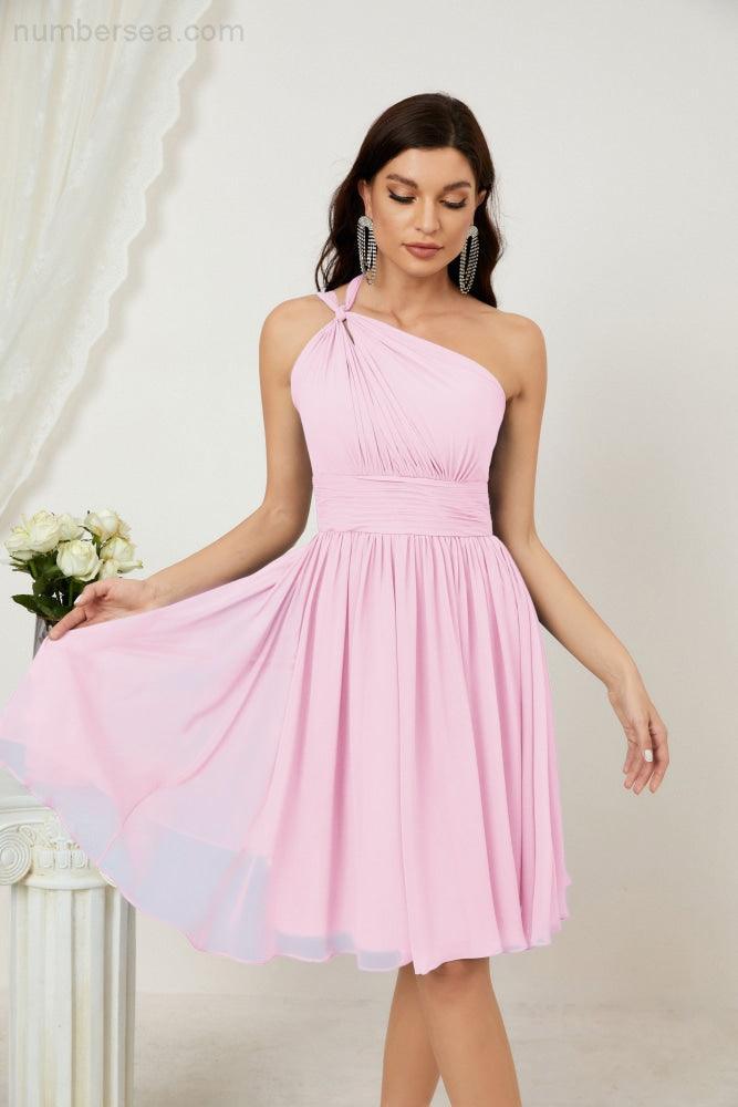 Numbersea Damen Chiffon Kurzes Ein-Schulter Brautjungfernkleid Festliche Kleider für Feier Heimkehr 2804