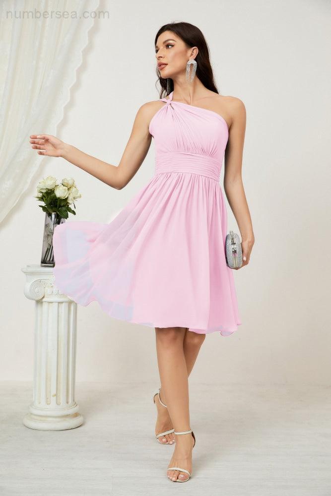 Numbersea Damen Chiffon Kurzes Ein-Schulter Brautjungfernkleid Festliche Kleider für Feier Heimkehr 2804