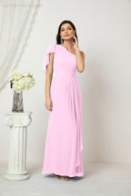 Abito da Sera Formale A-line con Spalla Singola e Balze in Chiffon, Spacco Laterale, per Damigelle, Modello 2809