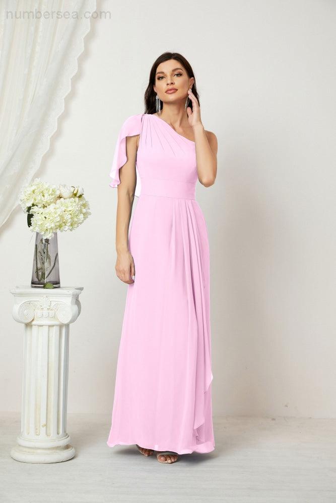 Abito da Sera Formale A-line con Spalla Singola e Balze in Chiffon, Spacco Laterale, per Damigelle, Modello 2809