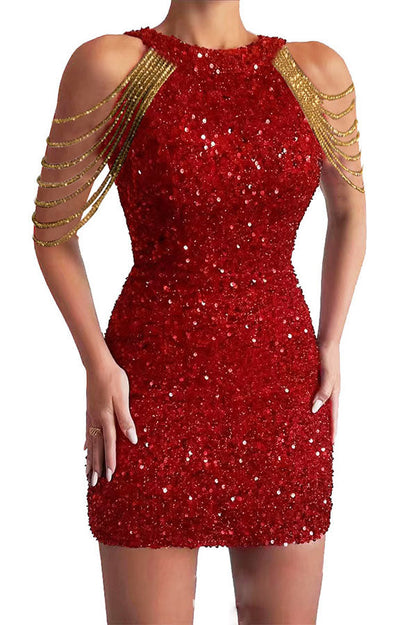 Minivestido de cóctel con lentejuelas y borlas en los hombros, con una vista glamurosa