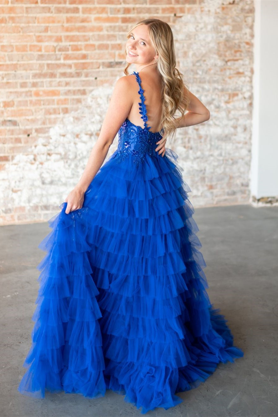 Roycebridal Avah | Vestido de fiesta largo de tul con capas florales fucsias y corte A