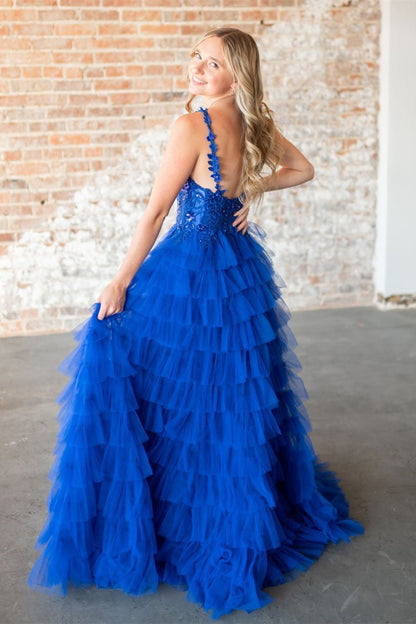 Roycebridal Avah | Vestido de fiesta largo de tul con capas florales fucsias y corte A