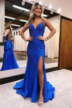 Vestidos longos de baile com decote em V, estilo sereia, com fenda e contas