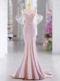 Abito da sera elegante rosa con perline, spalline sottili stile sirena, modello Y7615