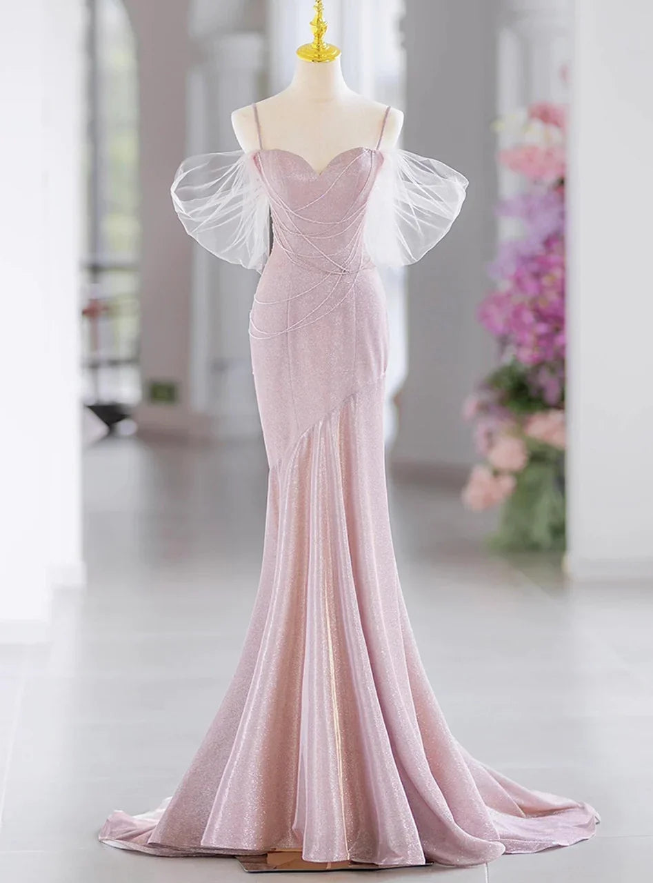 Abito da sera elegante rosa con perline, spalline sottili stile sirena, modello Y7615