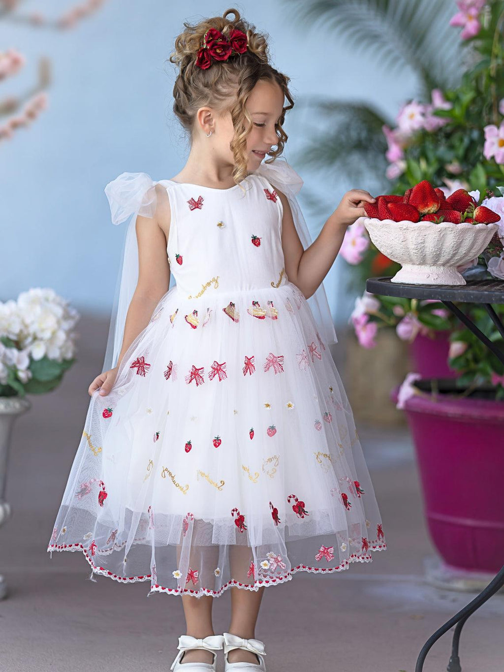 Pink Tulle Knee Length Strawberry Embroidery Flower Girl Dress