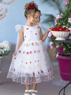 Pink Tulle Knee Length Strawberry Embroidery Flower Girl Dress