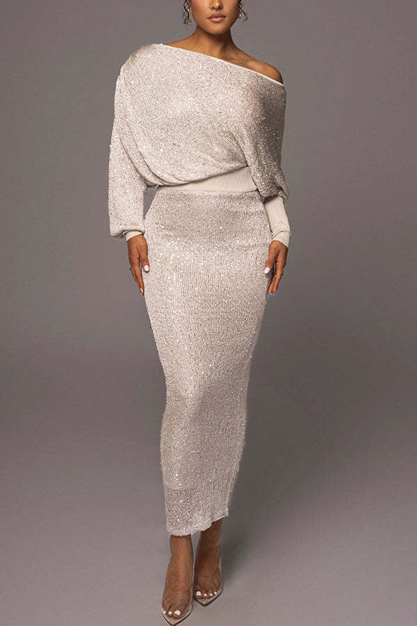 Vestido largo con cintura elástica y cuello ancho con lentejuelas Night Sky 