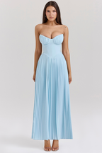 Strapless Cinch Waist Pleated Maxi Dresses-Blue Pre Order