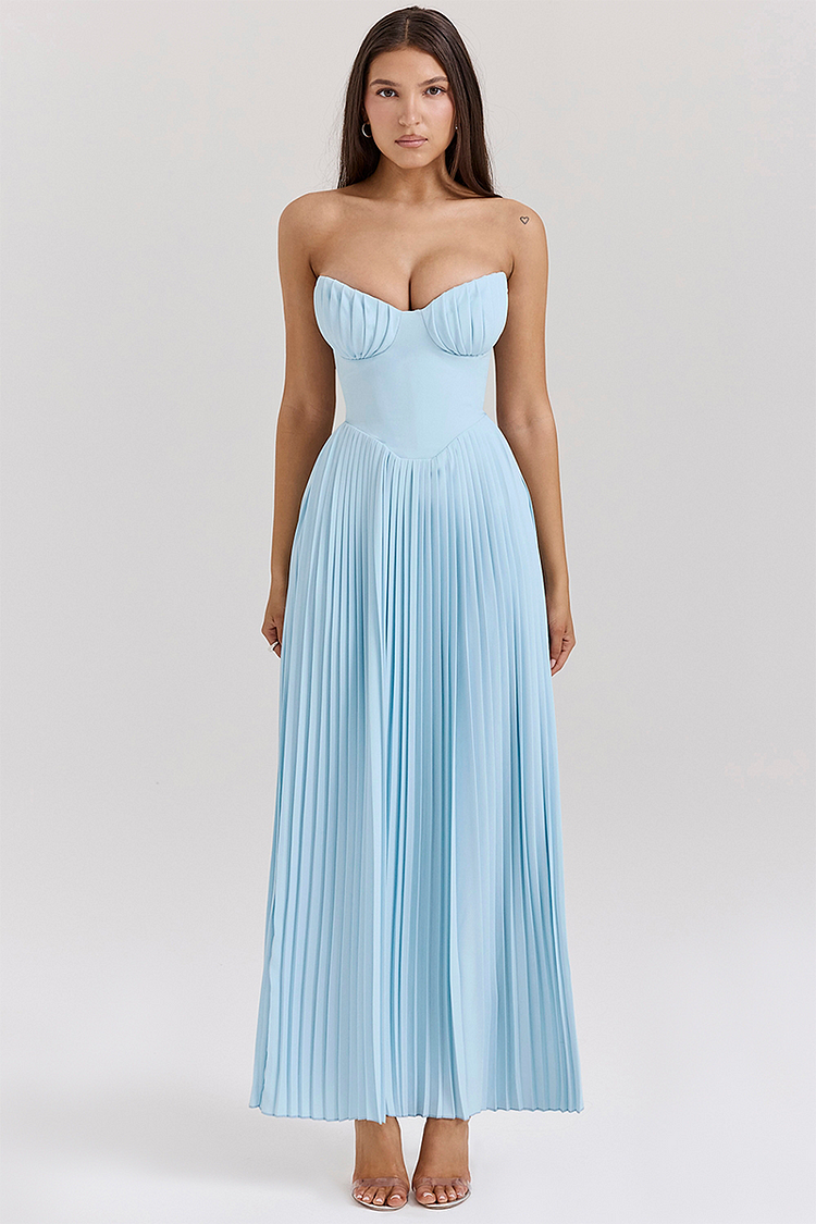 Strapless Cinch Waist Pleated Maxi Dresses-Blue Pre Order