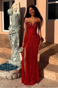 Red Strapless Sleeveless Mermaid Prom Dress With Sequins And Split