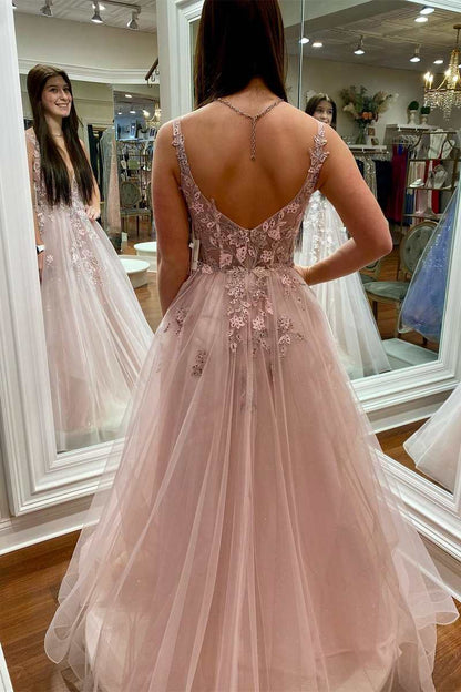 Vestido de fiesta de corte A con escote en V y espalda descubierta y encaje floral