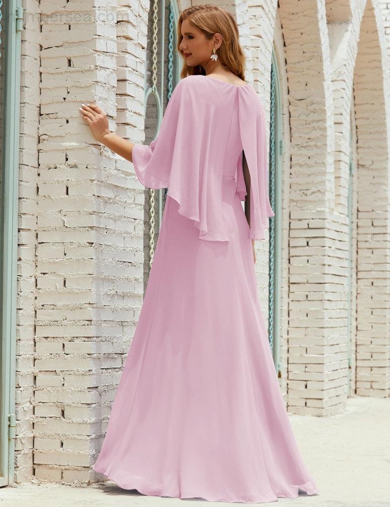 Abito da Damigella Donna Manica Lunga Scollatura a V Chiffon Abito da Cerimonia Matrimonio Festa 28018