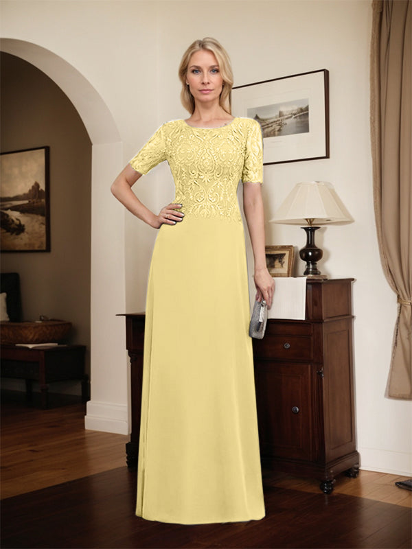 Robe de mère de la mariée en dentelle et mousseline, longueur au sol, en ligne A, décolleté en U, ornée de paillettes