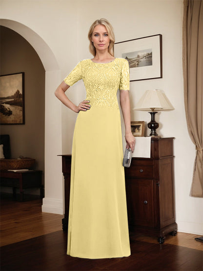 A-Linie U-Ausschnitt Bodenlang Spitzen-Chiffon-Kleid für die Brautmutter mit Pailletten