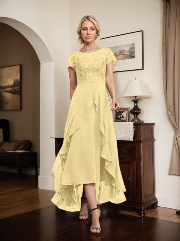 Robe de mère de la mariée en mousseline et dentelle asymétrique illusion à encolure dégagée, coupe en A, avec nœud, volants et paillettes