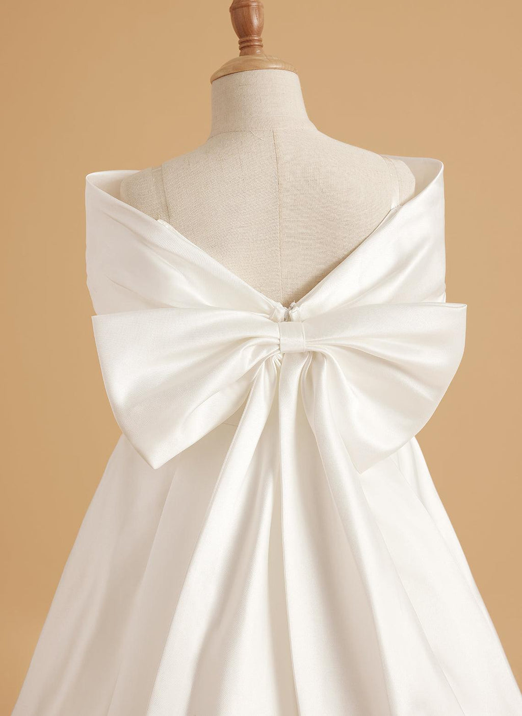 Ivory Satin Flower Girl Princess Ball Gown With Sweep Train And Bow Trim