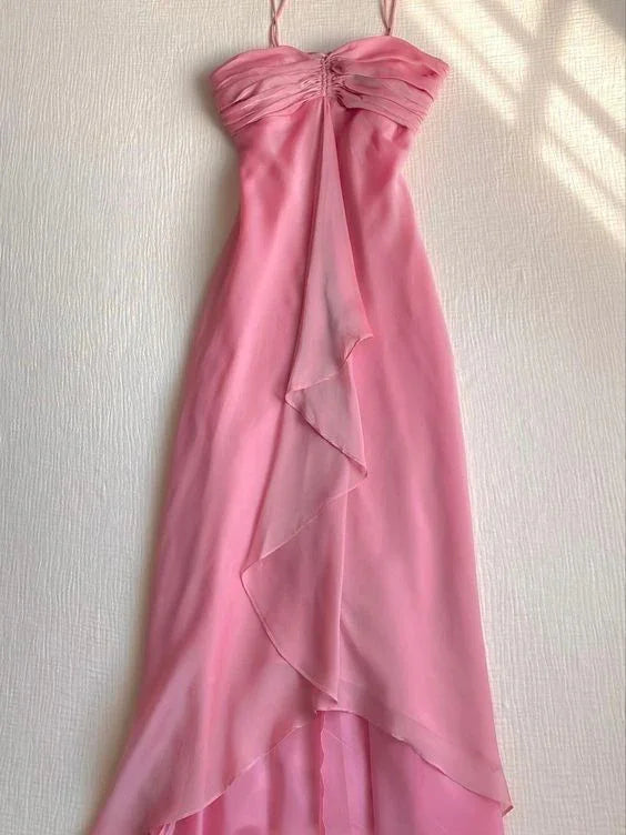 Abito lungo da sera rosa dolce in chiffon senza spalline per ballo formale festa elegante Y7560