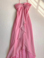 Abito lungo da sera rosa dolce in chiffon senza spalline per ballo formale festa elegante Y7560