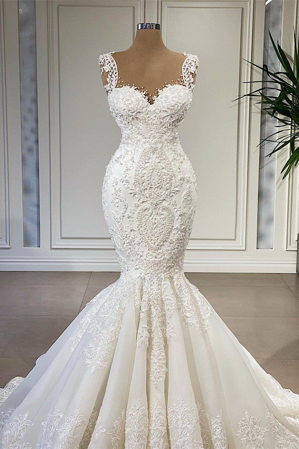 Bmbridal Lace Mermaid Wedding Dress Sleeveless With Sweetheart Neckline Train