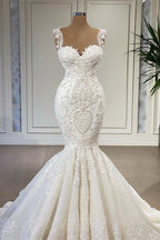 Bmbridal Lace Mermaid Wedding Dress Sleeveless With Sweetheart Neckline Train