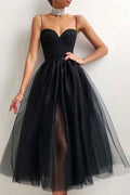 Elegant Black Tulle A Line Spaghetti Strap Midi Prom Dress With Built In Bra And Zipper Back For Evening Formal Parties