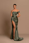 Green One Shoulder Long Mermaid Prom Dress With Side Split
