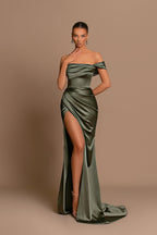 Green One Shoulder Long Mermaid Prom Dress With Side Split