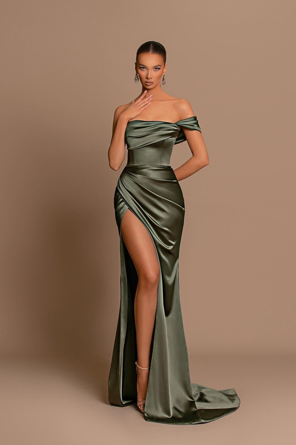 Green One Shoulder Long Mermaid Prom Dress With Side Split