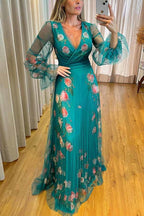 Vestido largo plisado de tul con patchwork floral "Te envío mi amor" 