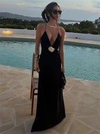 Robe longue TARUXY à décolleté profond en V pour femmes, sans manches et transparente, robe d'été longue, tenue de soirée pour fête ou club, dos nu sexy et élégant