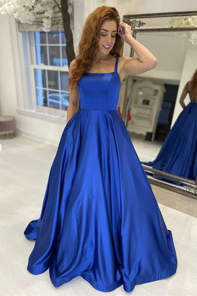 Abito lungo da cerimonia a linea semplice in raso blu reale, abito lungo blu formale per laurea e serate Y225